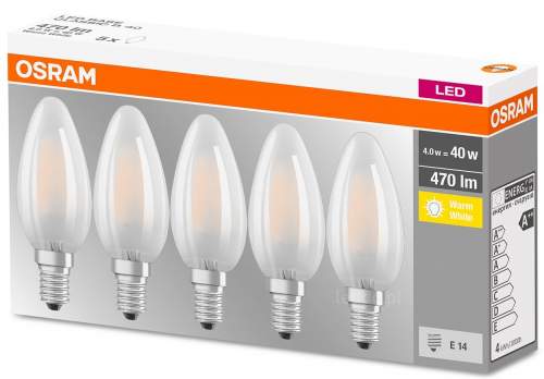 OSRAM LED žárovka BASE, E14, 4W, svíčka, matná, teplá bílá, 5 ks