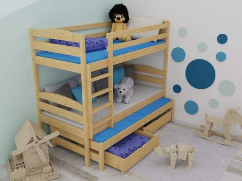 Patrová postel s výsuvnou přistýlkou PPV 016 Rozměr: 90 x 200 cm, Prostor mezi lůžky: 80 cm, Barva: surové dřevo