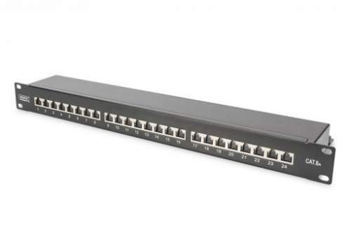 DIGITUS CAT 6A Patch Panel, stíněný, 1U, 24 portů, 8P8C, černy RAL 9005, 483 mm (19 ") / 482,6x44x109 (DN-91624S-EA-B)