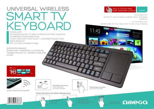 Omega bezdrátová cz klávesnice s touch padem pro smart tv, černá okb004bcz