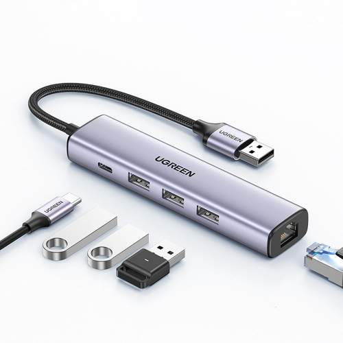 UGREEN 5v1 USB-A na 3x USB 3.0 + RJ45 + USB-C adaptér (stříbrný)