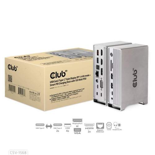 Club3D Dokovací stanice USB-C, Triple Display DP Alt mode Displaylink, PD 120W CSV-1568
