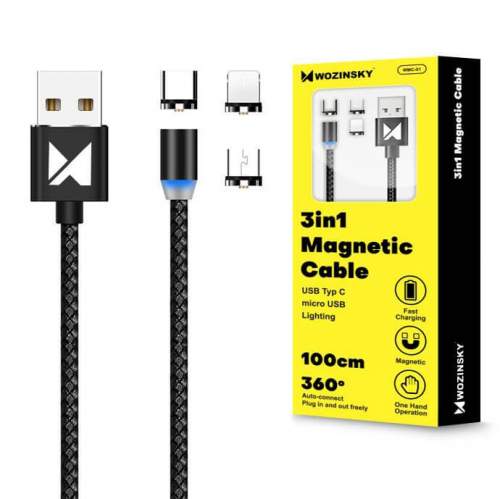 WOZINSKY 17543WOZINSKY 3v1 Magnetický kabel (USB Typ-C / micro USB / Lightning) 1m černý