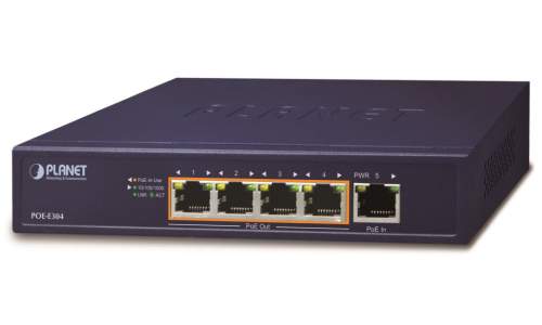 Planet PoE extender, 1xPoE-in, 4xPoE-out 65W, 802.3bt/at/af, Gigabit - POE-E304
