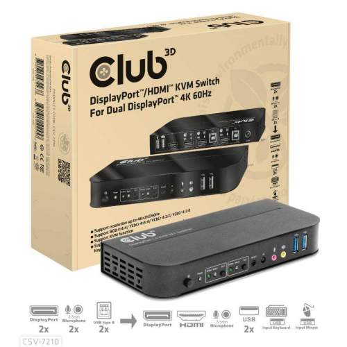 Club3D síťový přepínač  Switch DP/HDMI KVM Switch  Dual DP 4K 60Hz
