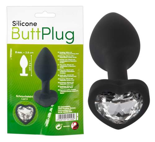 You2Toys Silicone Butt Plug - anální dildo ve tvaru srdce s bílým kamínkem (černé)