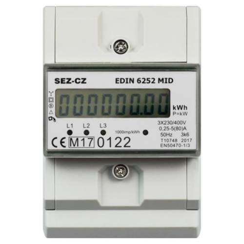 SEZ EDIN 6252 MID Fakturační měřidlo, MID, 5-80A, 1-tarif, 3-fázový, LCD displej, 4M/DIN