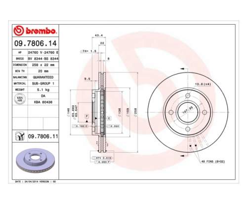 BREMBO 09.7806.11 Brzdový kotouč přední