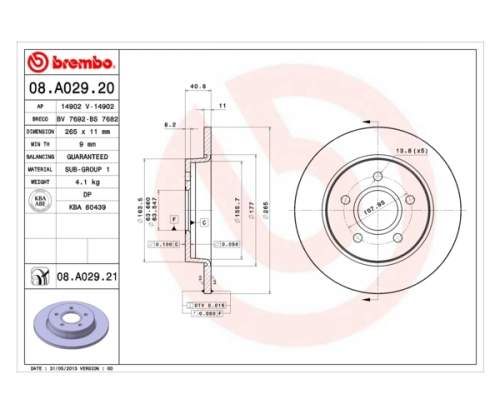 BREMBO 08.A029.21 Brzdový kotouč zadní
