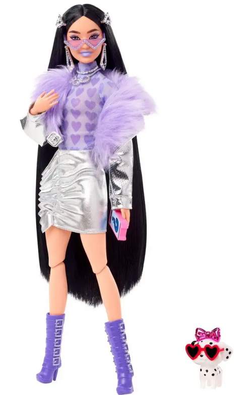 Mattel Barbie Extra Stříbrné šaty s fialovým boa