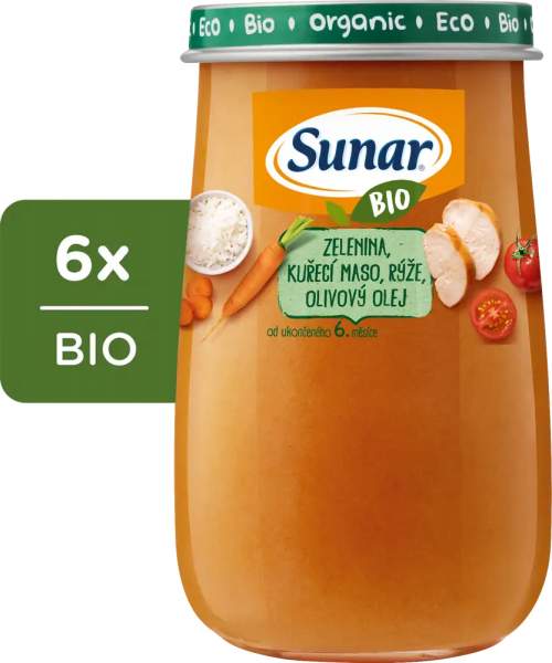 Sunar BIO příkrm Zelenina, kuřecí maso, rýže, olivový olej 6× 190 g