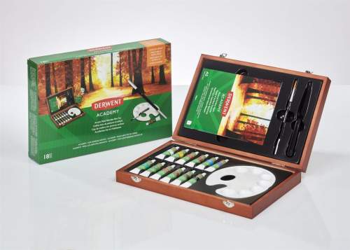 DERWENT Academy Acrylic Paints Wooden Box Set, dřevěný dárkový kufřík 12 ks