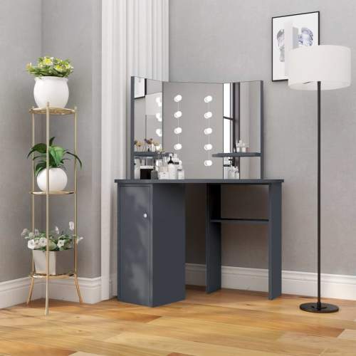 Emaga Rohový toaletní stolek s LED světlem šedý 111 x 54 x 141,5 cm