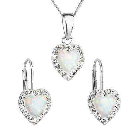Evolution Group CZ Sada stříbrných šperků se syntetickým opálem a krystaly Preciosa bílé srdce 39161.1