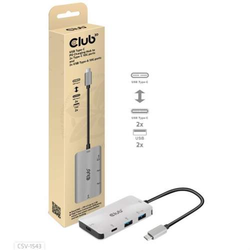Club3D hub USB-C PD na 2x USB-C 10G porty a 2x USB-A 10G porty
