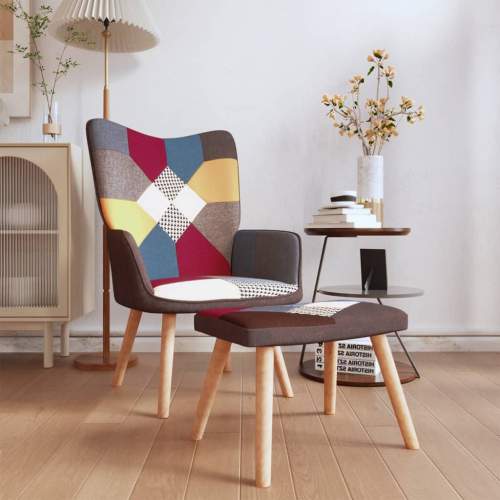 Relaxační křeslo se stoličkou patchwork textil