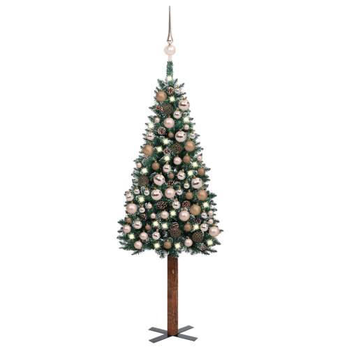 Úzký vánoční stromek s LED diodami a sadou koulí zelený 150 cm