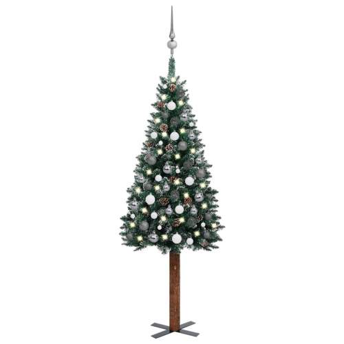 Úzký vánoční stromek s LED diodami a sadou koulí zelený 150 cm