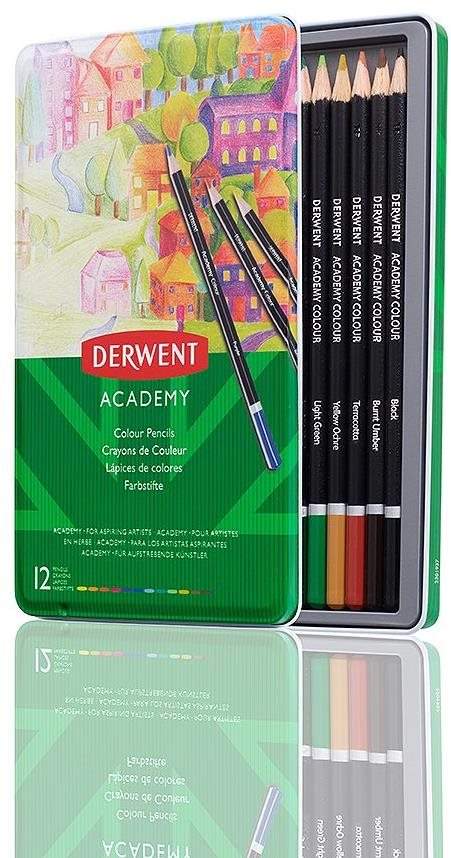 DERWENT Academy Colour Pencil Tin v plechové krabičce, kulaté, 12 barev