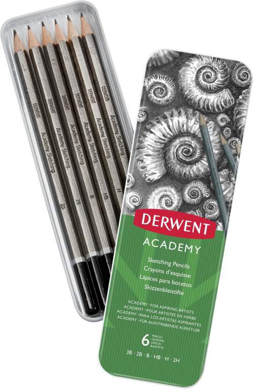 DERWENT Academy Sketching Pencils Tin v plechové krabičce šestihranná sada 6 tvrdostí