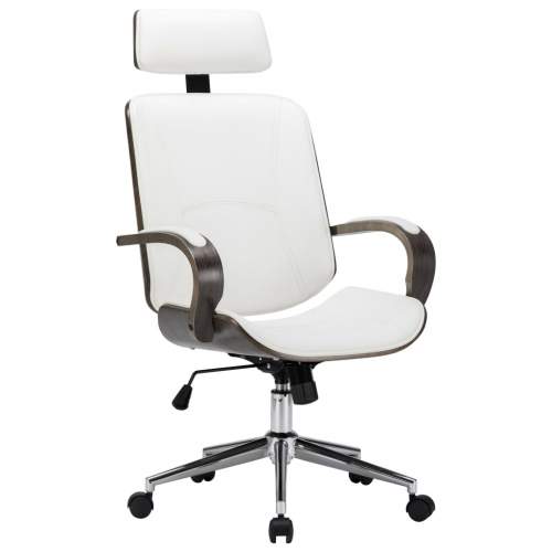 HD Otočná kancelářská židle s opěrkou hlavy bílá umělá kůže ohýbané dřevo
