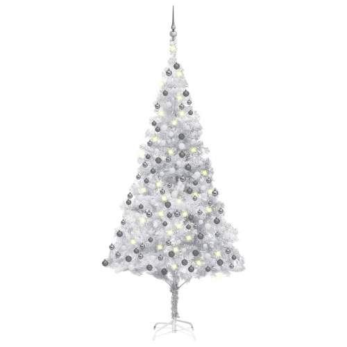 HD Umělý vánoční stromek s LED a sadou koulí stříbrný 210 cm PET