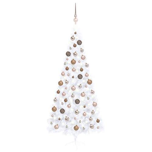 HD Umělý vánoční půl stromek s LED a sadou koulí bílý 240 cm