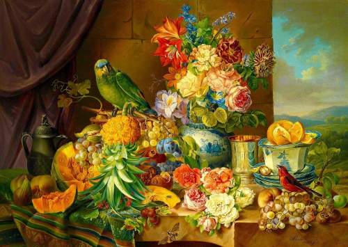 ENJOY Puzzle Josef Schuster: Zátiší s květinami, ovocem a papouškem 1000 dílků