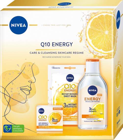 Nivea Q10 Energy Gift Set sada denní pleťový krém Q10 Energy 50 ml + micelární voda Q10 Energy 400 ml + pleťová textilní maska Q10 Energy 1 ks pro ženy