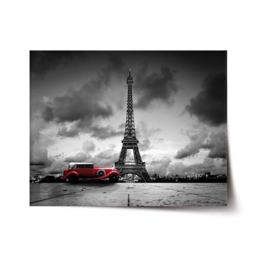 Plakát SABLIO - Eiffelova věž a červené auto 90x60 cm