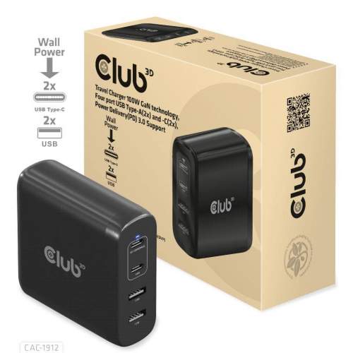 Club3D cestovní nabíječka 100W GAN technologie, 4xUSB-A a USB-C, PD 3.0 Support CAC-1912EU