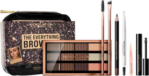 Makeup Revolution The Everything paletka na obočí 19 g + tužka na obočí 1,1 g + fixační vosk na obočí v tužce 0,12 g + Transparent gel na obočí 3,5 ml + pinzeta šikmá + štětec na obočí + kartáček na řasy a obočí + taštička