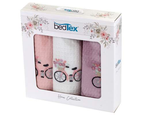 BedTex utěrky vaflové / dárkové balení BICYKL, růžové s výšivkou, 3 kusy 40x60cm
