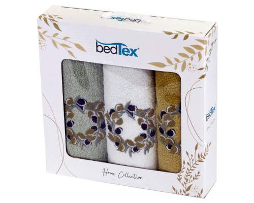BedTex dárkový set froté ručníků OLIVOVÝ VĚNEČEK, zelený s výšivkou, 30x50cm, 3ks