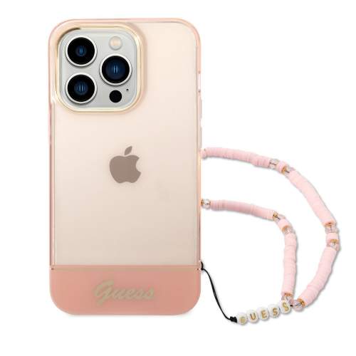 Guess PC/TPU Camera Outline Translucent kryt s poutkem iPhone 14 Pro Max růžový