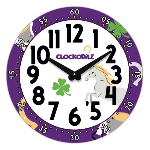 CLOCKODILE Dětské nástěnné hodiny fialové s koněm
