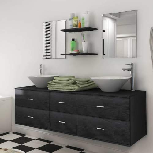 vidaXL 9dílný set koupelnového nábytku s umyvadlem a baterií černý Barva: černý