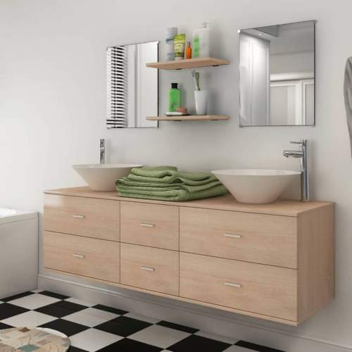 vidaXL 9dílný set koupelnového nábytku s umyvadlem a baterií černý Barva: béžový