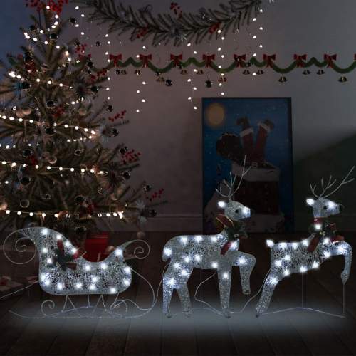 Emaga Vánoční dekorace sobi a sáně 60 LED venkovní stříbrná