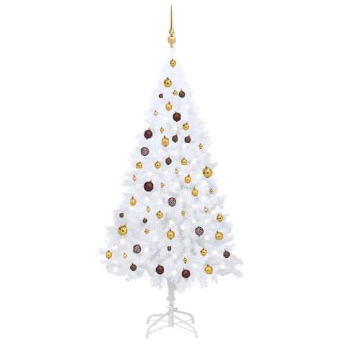 HD Umělý vánoční stromek s LED a sadou koulí bílý 180 cm PVC
