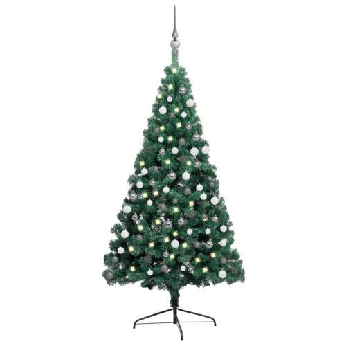 HD Umělý vánoční půl stromek s LED a sadou koulí zelený 210 cm
