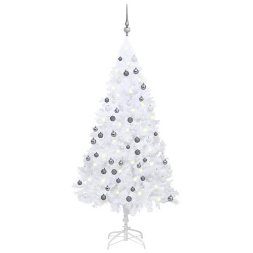 HD Umělý vánoční stromek s LED a sadou koulí bílý 150 cm PVC