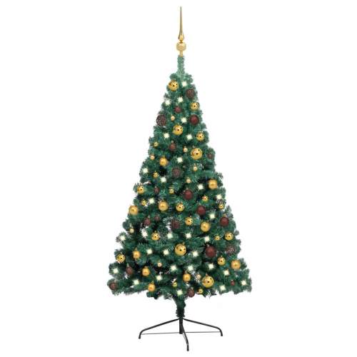 HD Umělý vánoční půl stromek s LED diodami a sadou koulí zelený 120 cm