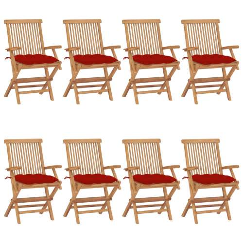 Zahradní židle s červenými poduškami 8 ks masivní teak