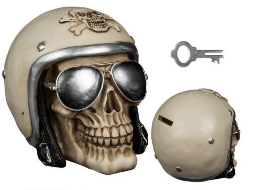 Louis Pokladnička, lebka s motorkářskou helmou a slunečními brýlemi