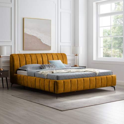 Invicta Moebel Living Hořčicově žlutá sametová dvoulůžková postel Bertram 180 x 200 cm