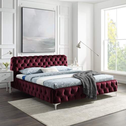 Invicta Vínově červená sametová dvoulůžková postel Parry 180 x 200 cm