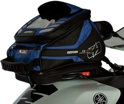 tankbag na motocykl Q4R QR, OXFORD (černý/modrý, s rychloupínacím systémem na víčka nádrže, objem 4 l) OL292