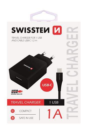 Nabíječka cestovní SWISSTEN 1x USB, IC, 1A + USB-C kabel, černá