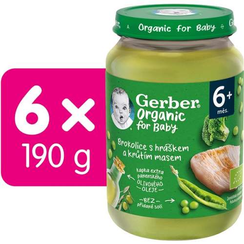 Gerber Organic dětský příkrm brokolice s hráškem a krutím masem 6x190 g
